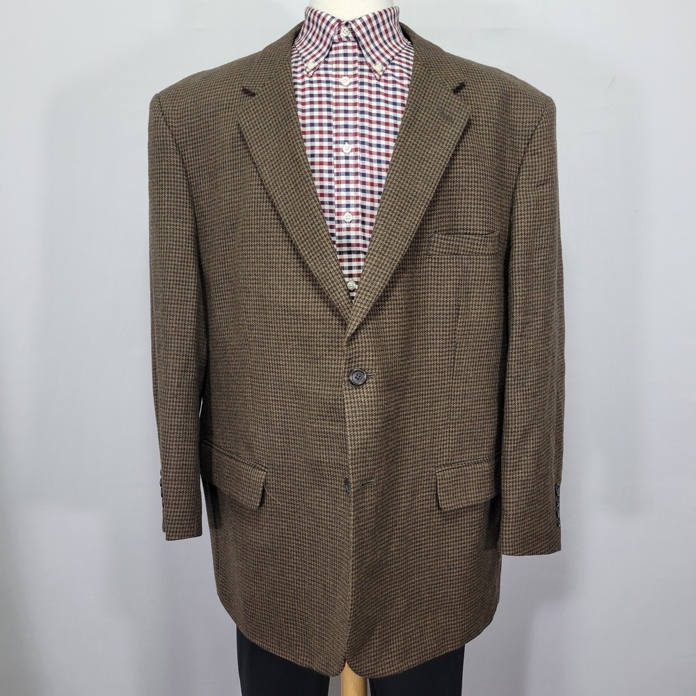 Joseph Feiss Men's Sport Coat Blazer Flannel Brown Houndstooth Lambs Wool 54R